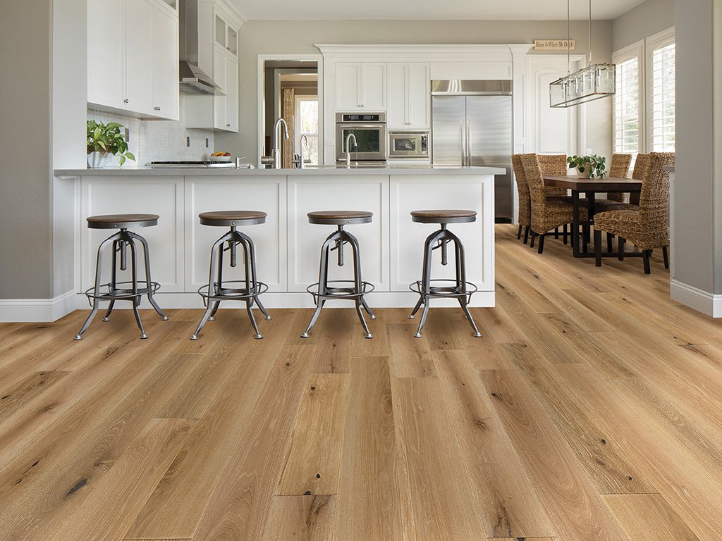 Kitchen design featuring medium-light Timeless wood flooring